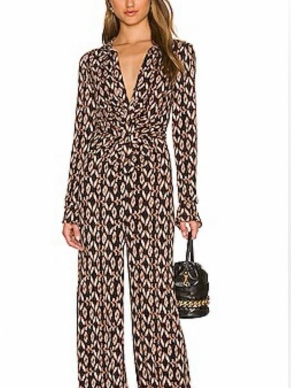 Free People Black and Cream Printed Knot-Front Jumpsuit